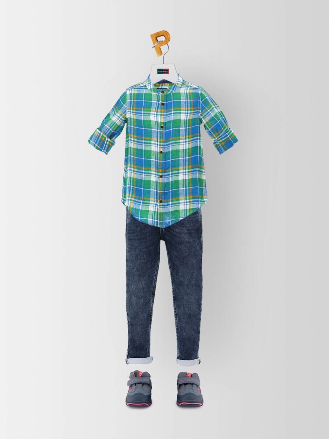 

Peter England Boys Slim Fit Tartan Checks Checked Casual Cotton Shirt, Green