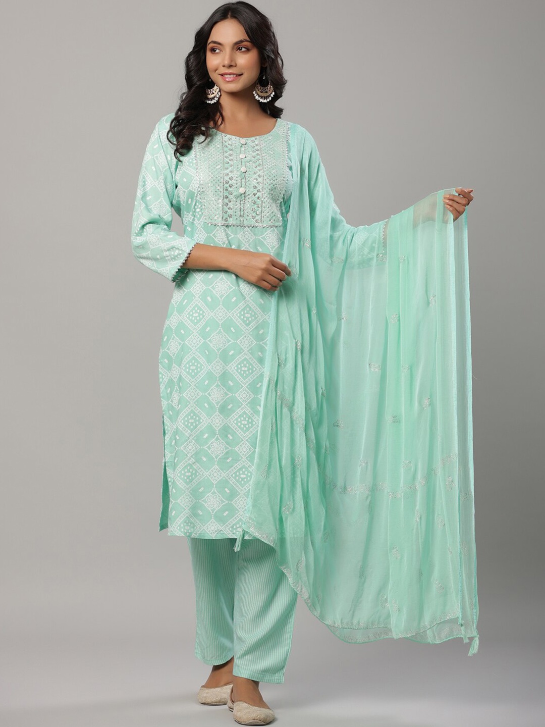 

Yufta Women Sea Green Ethnic Motifs Printed Sequinned Kurta with Trousers & Dupatta