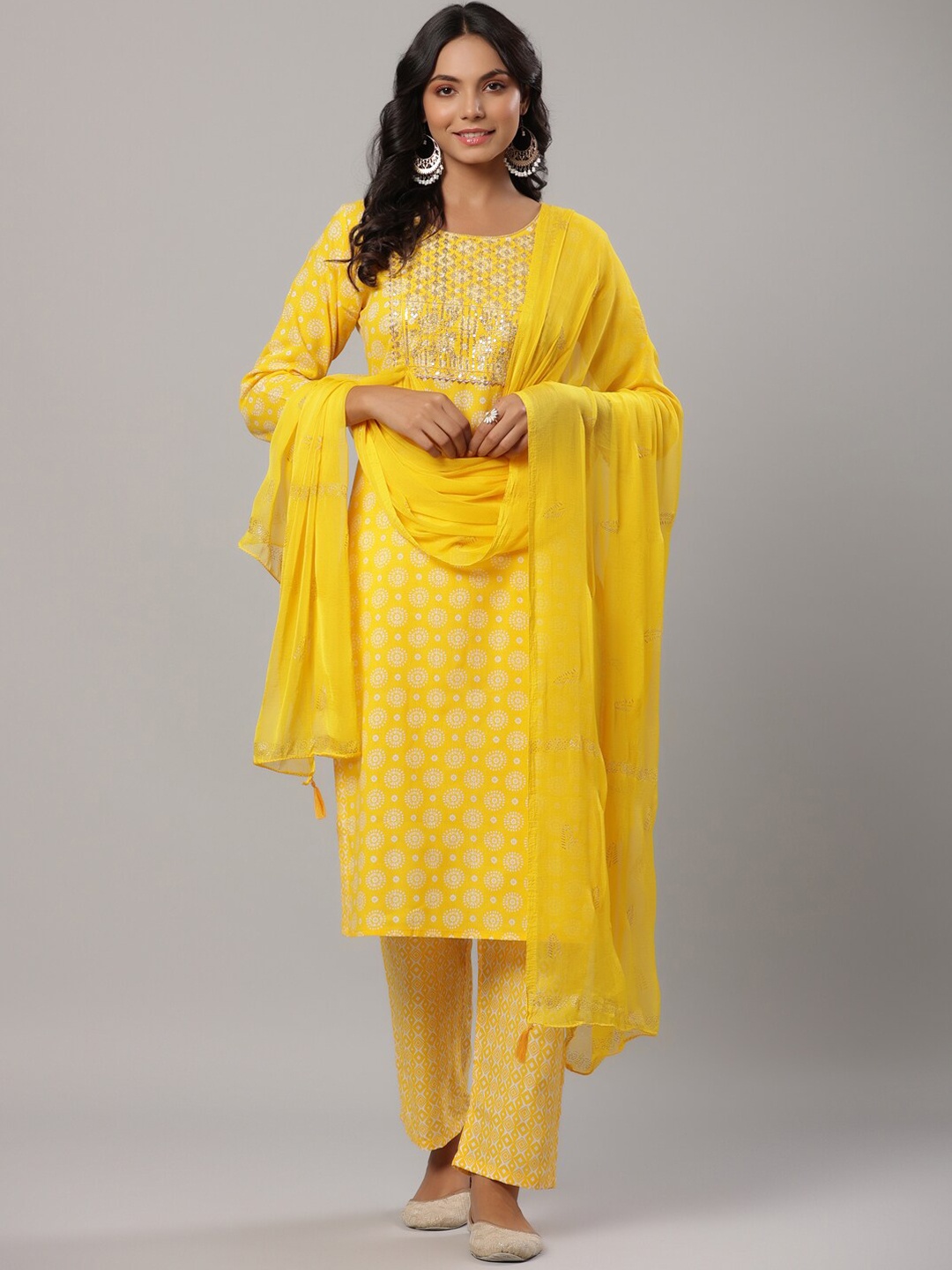 

Yufta Women Mustard Yellow Ethnic Motifs Printed Sequinned Kurta with Trousers & Dupatta