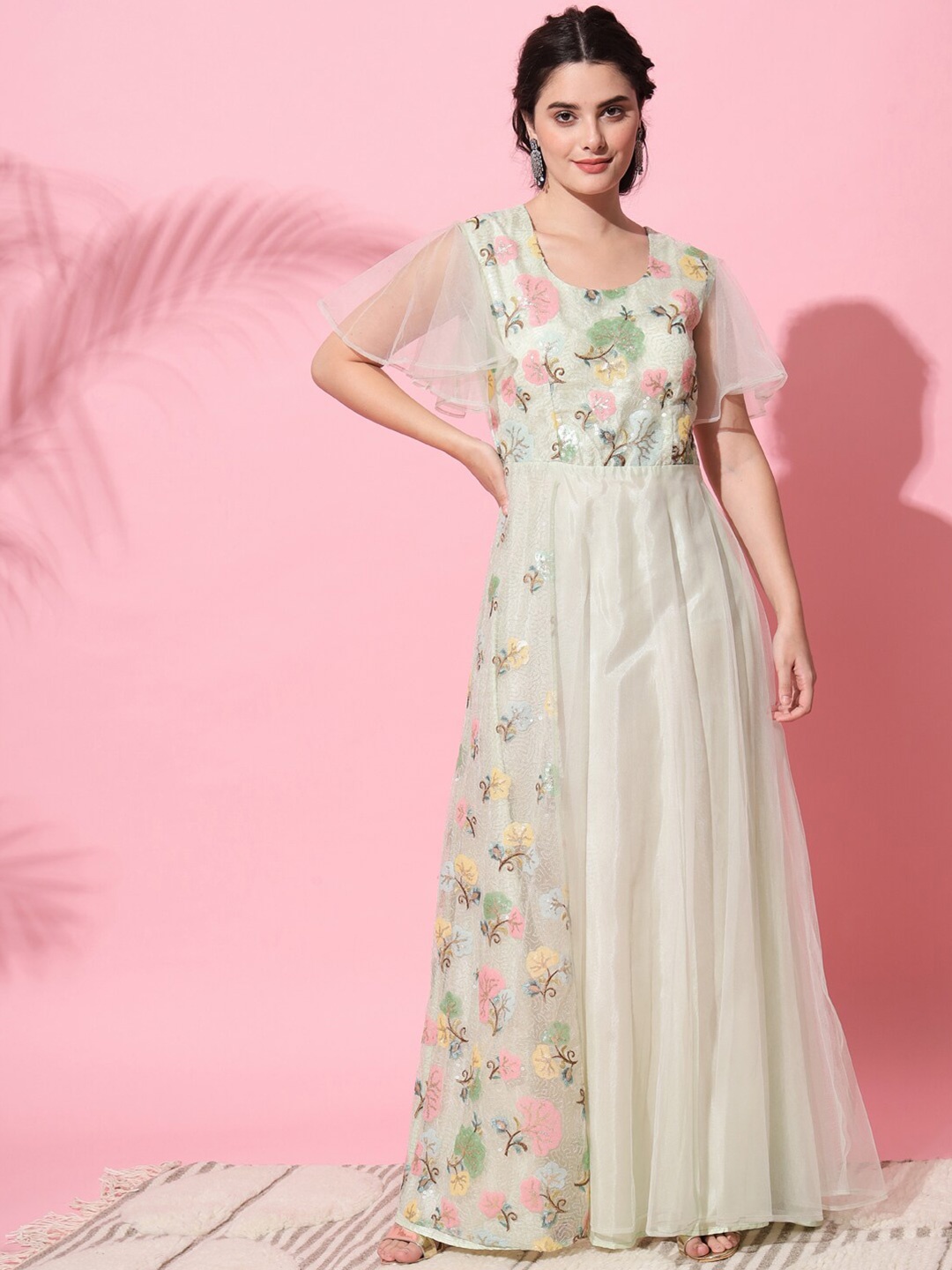 

VAANI CREATION Women Green Floral Net Ethnic Maxi Dress