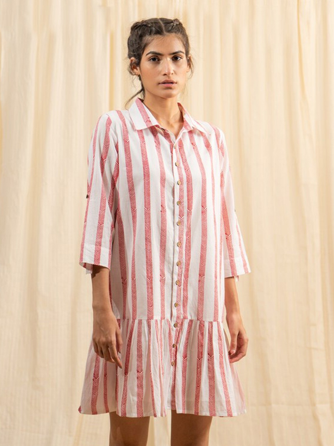 

Label Reyya White Cotton Striped Shirt Dress