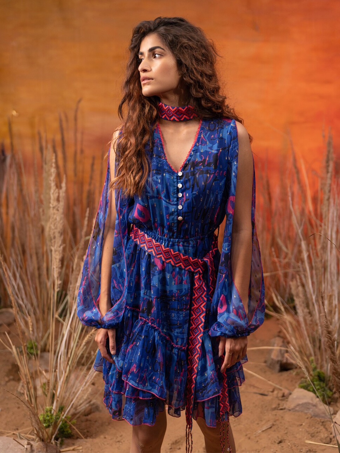 

Label Reyya Blue Tribal Georgette Dress