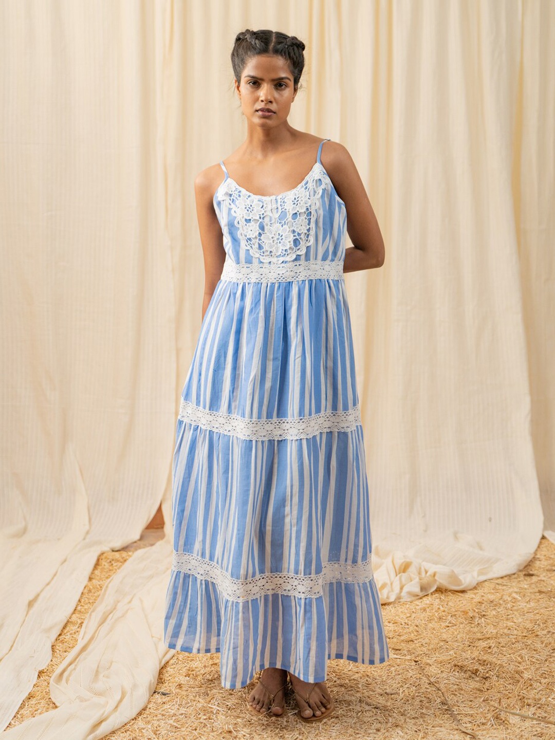 

Label Reyya White & Blue Cotton Striped A-Line Maxi Dress