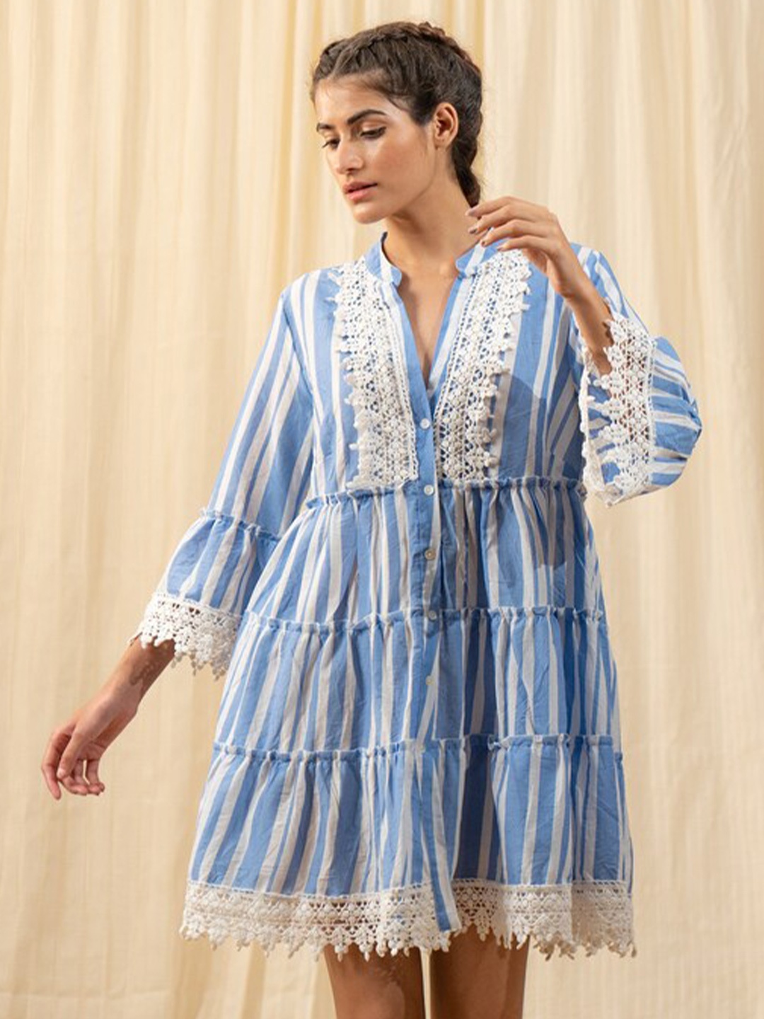 

Label Reyya White & Blue Cotton Striped Dress