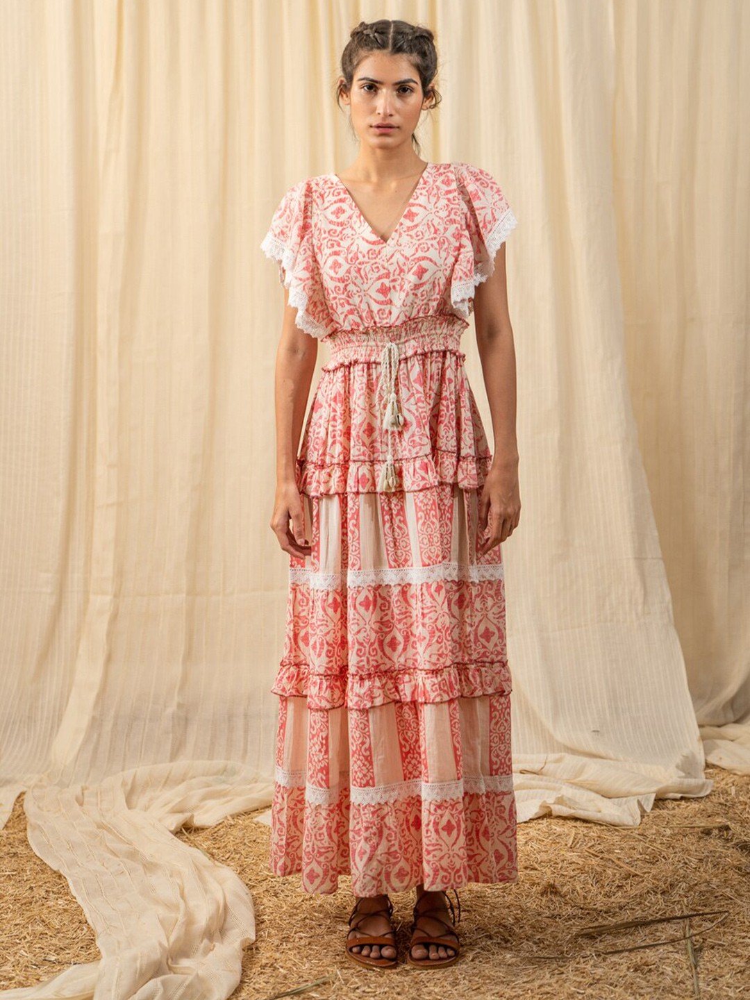 

Label Reyya Pink & White Cotton Ethnic Motifs Maxi Maxi Dress