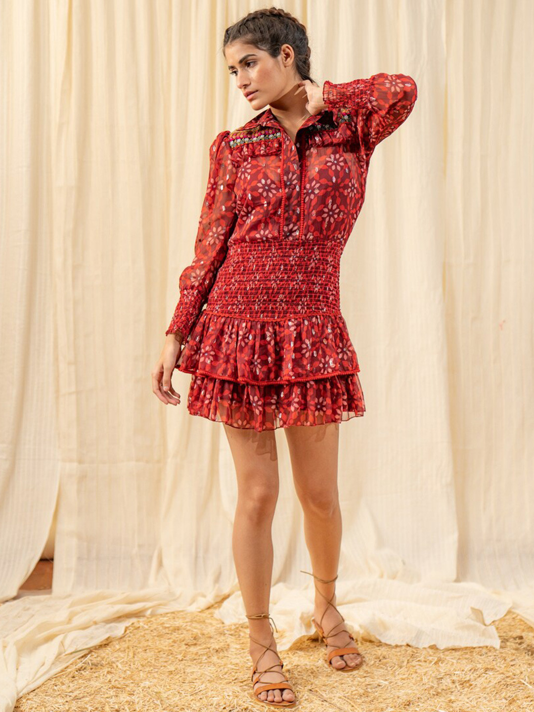 

Label Reyya Women Red Floral Georgette Drop-Waist Dress