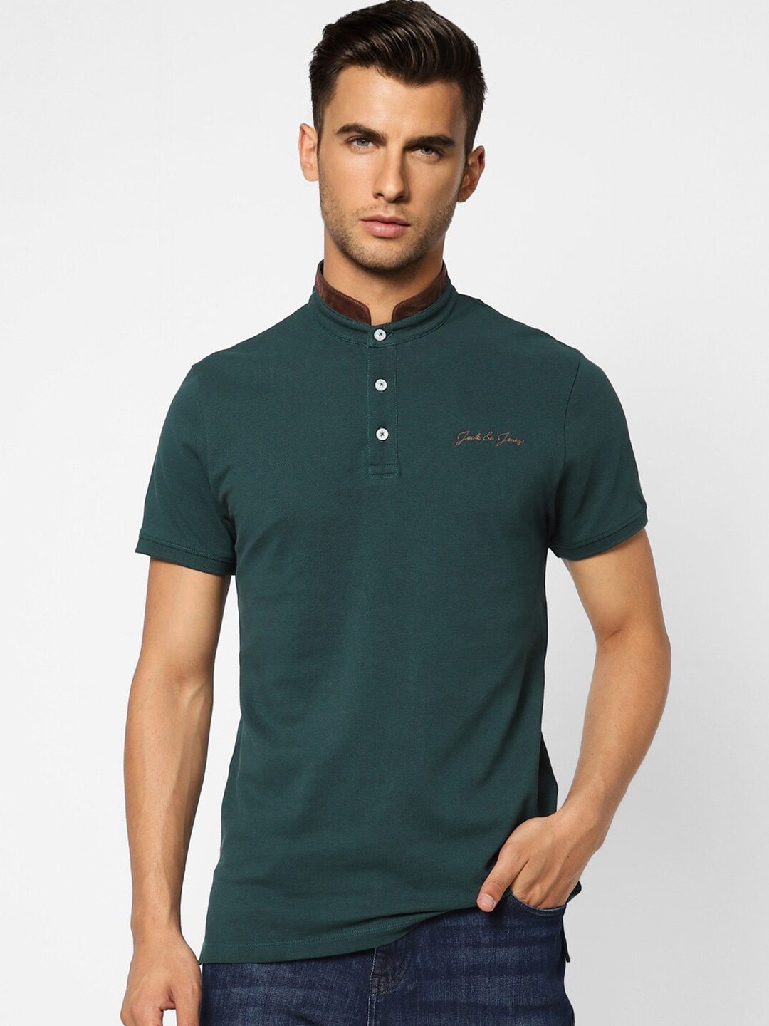 

Jack & Jones Men Green Mandarin Collar T-shirt