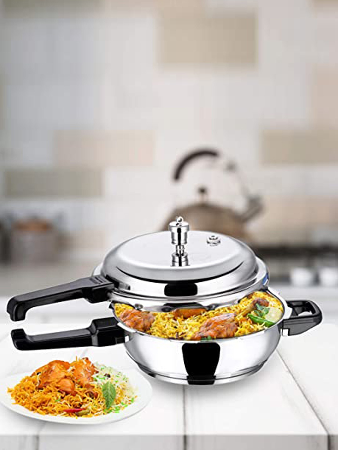 

Vinod Silver-Toned Induction Base Sandwich Bottom with Outer Lid Pressure Cooker 2L
