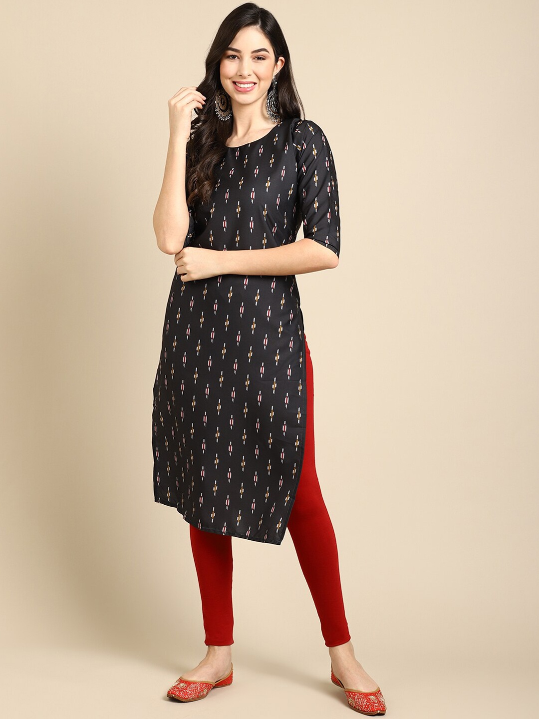 

7Threads Geometric Printed Regular Fit Crepe Kurta, Black