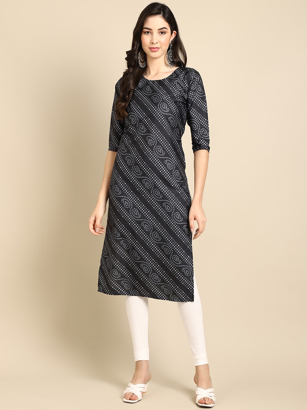 

7Threads Women Black & White Ethnic Motifs Printed Crepe Kurta