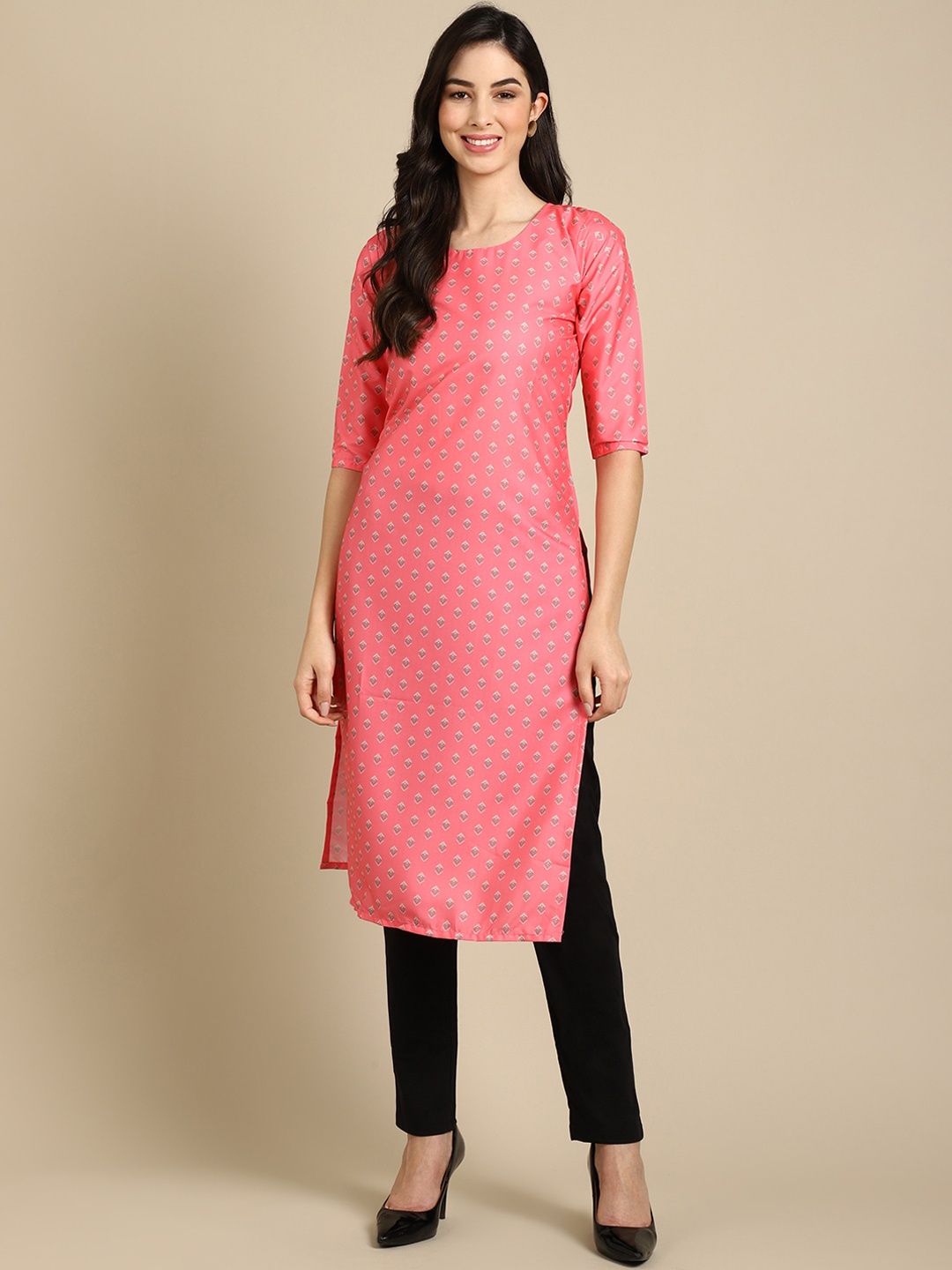 

7Threads Ethnic Motifs Printed Regular Fit Crepe Kurta, Pink