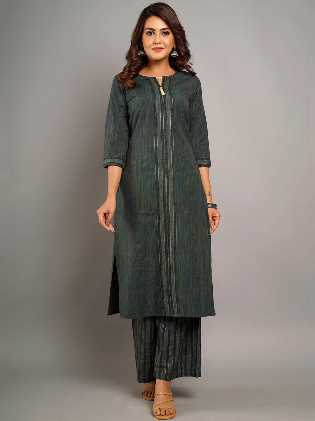 

CRAFTED FOR YOU Women Green Striped Thread Work Pure Cotton Kurta with Palazzo Set