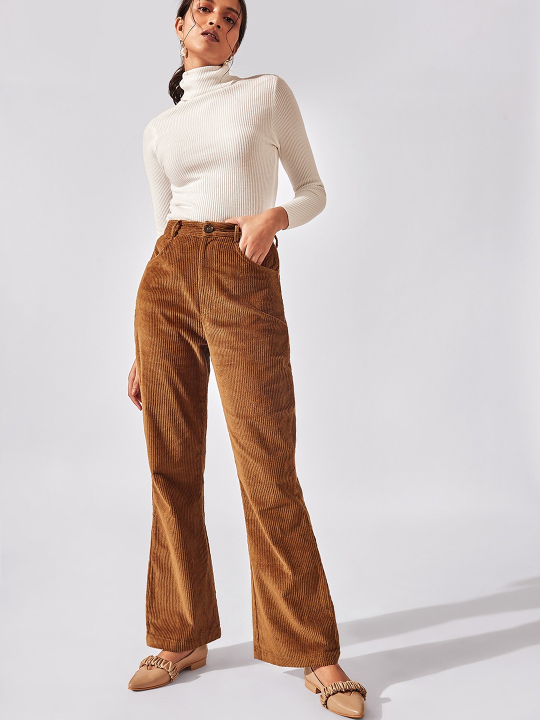 

The Label Life Women Khaki Flared High-Rise Corduroy Trousers