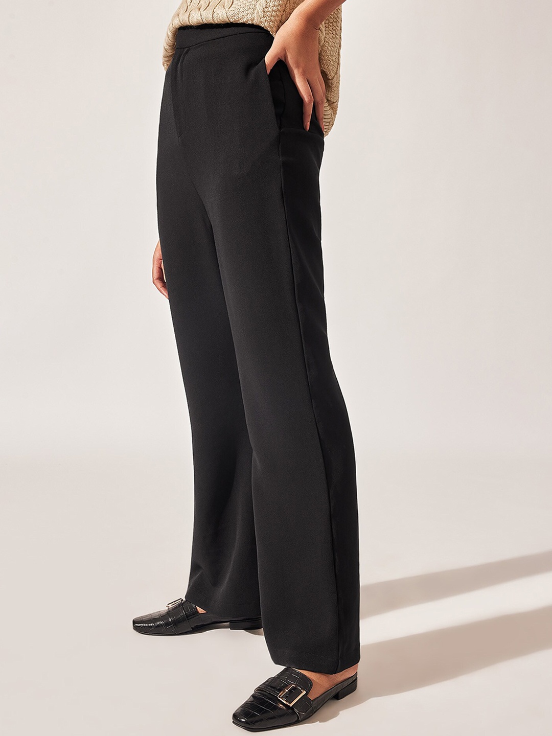 

The Label Life Women Black Flared High-Rise Trousers