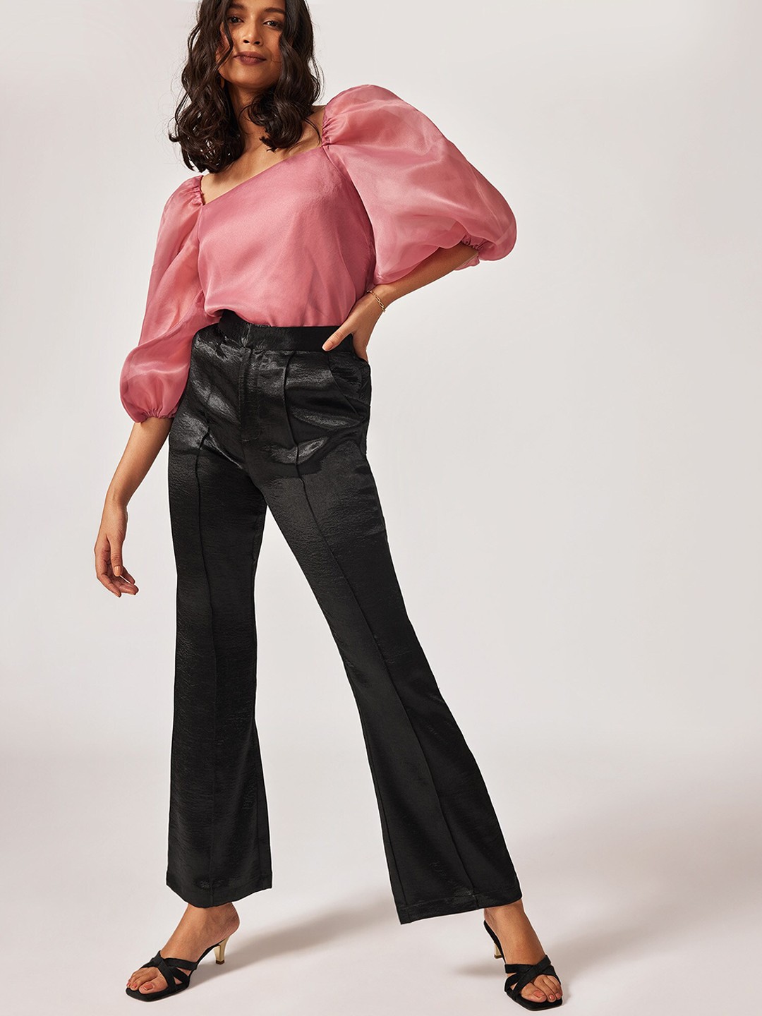 

The Label Life Women Black Flared High-Rise Trousers