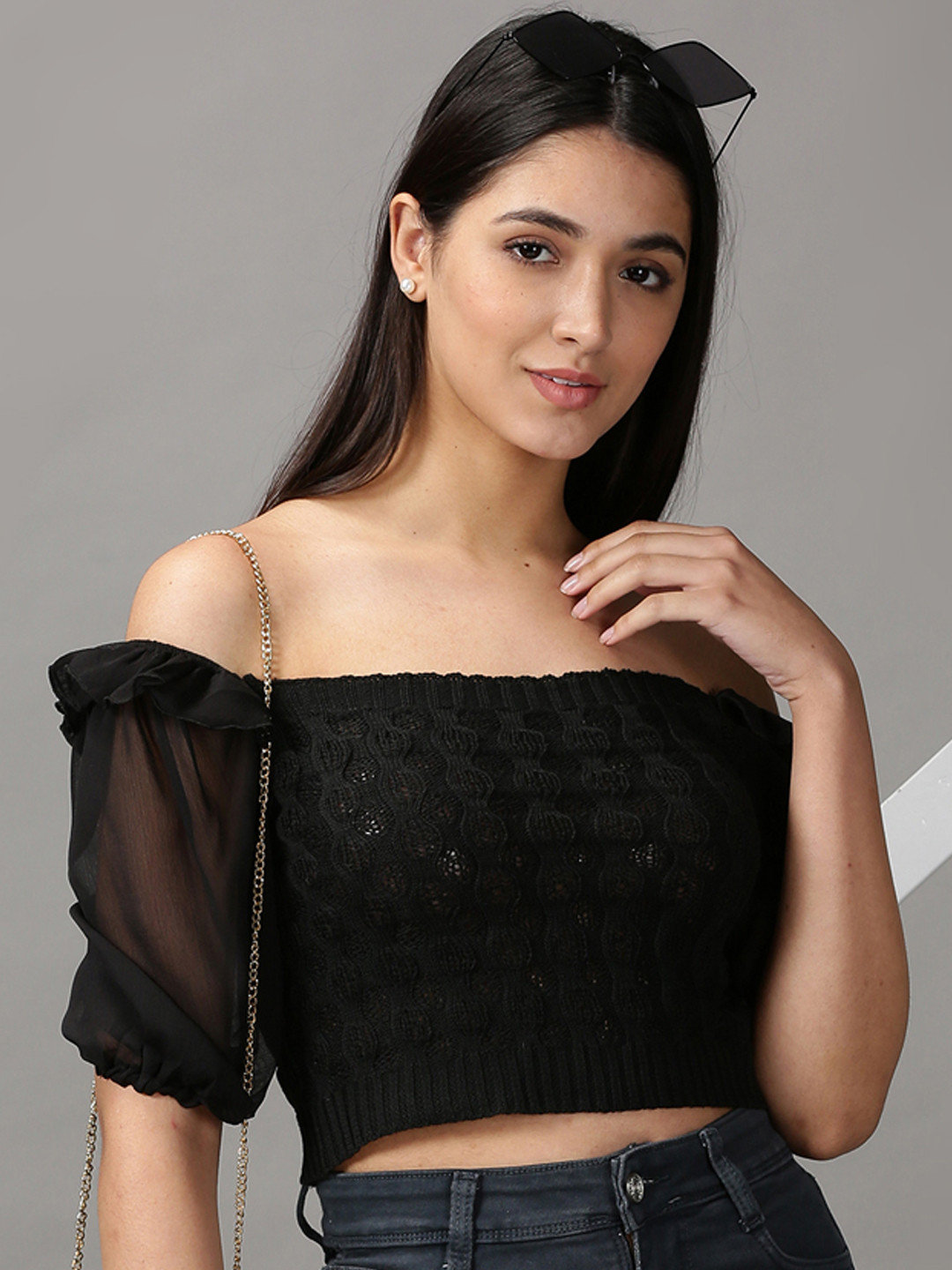 

SHOWOFF Women Black Off-Shoulder Bardot Crop Top