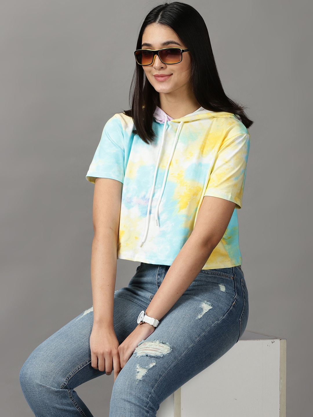 

SHOWOFF Women Blue & Yellow Tie and Dye Crop Top