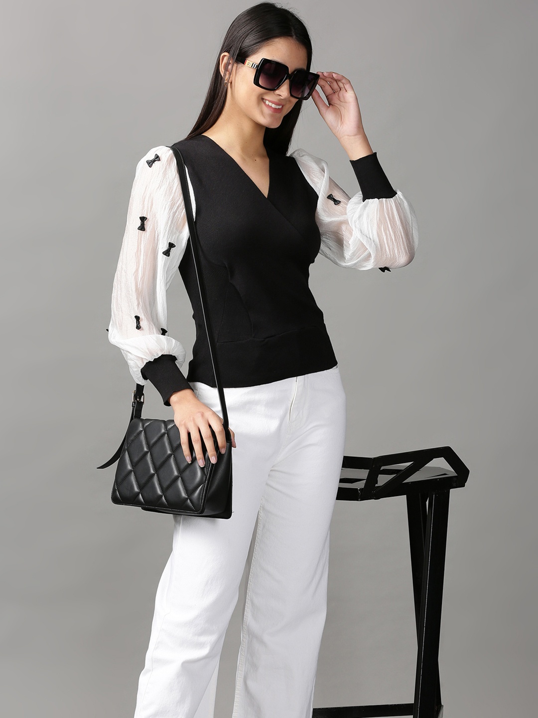 

SHOWOFF Black & White Colourblocked Wrap Acrylic Top