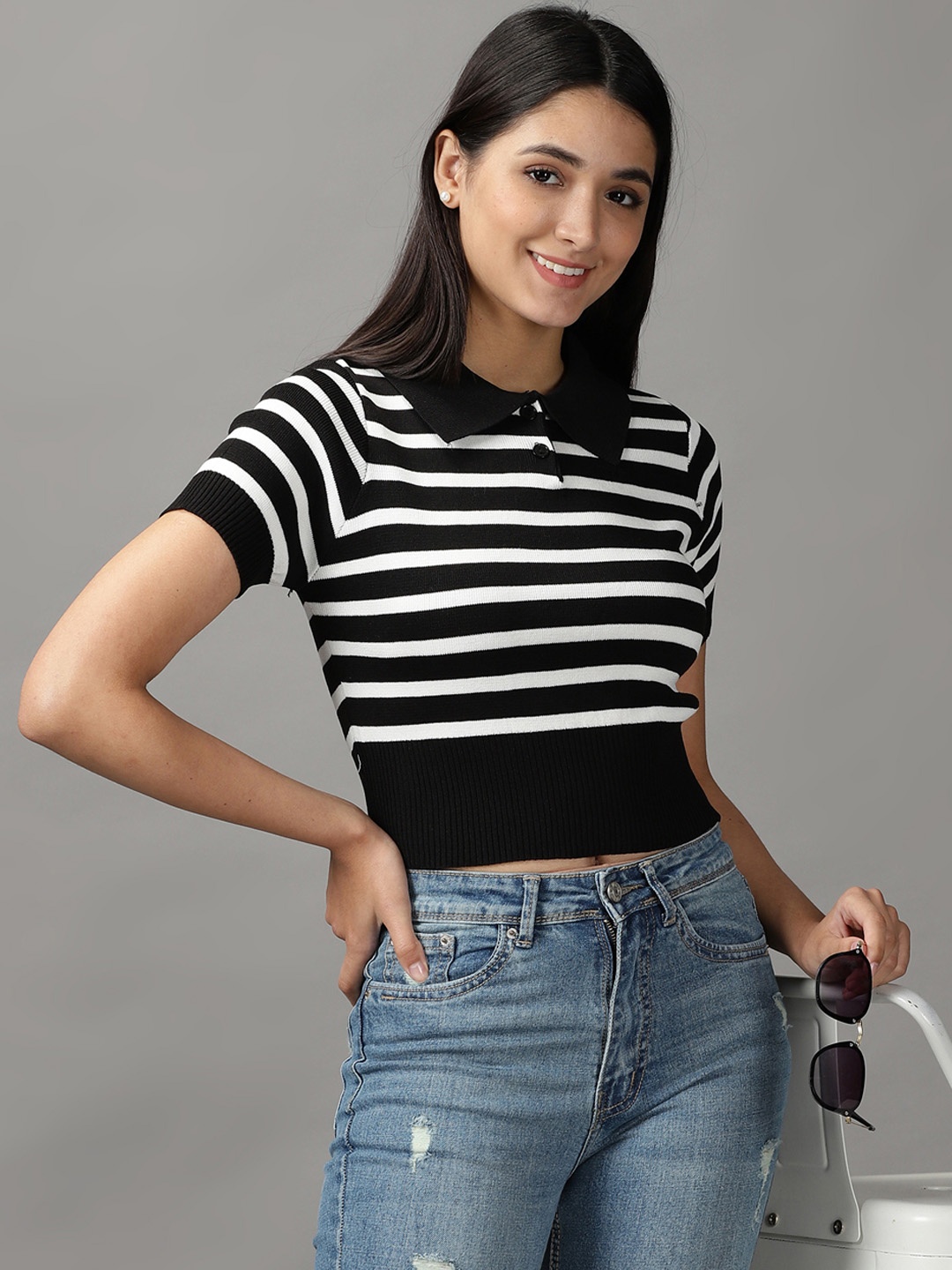 

SHOWOFF Black Striped Shirt Style Top