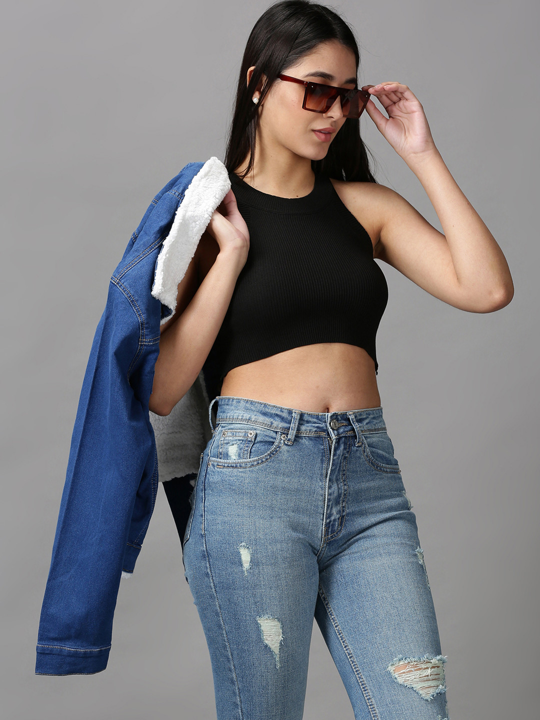 

SHOWOFF Black Halter Neck Solid Tank Crop Top