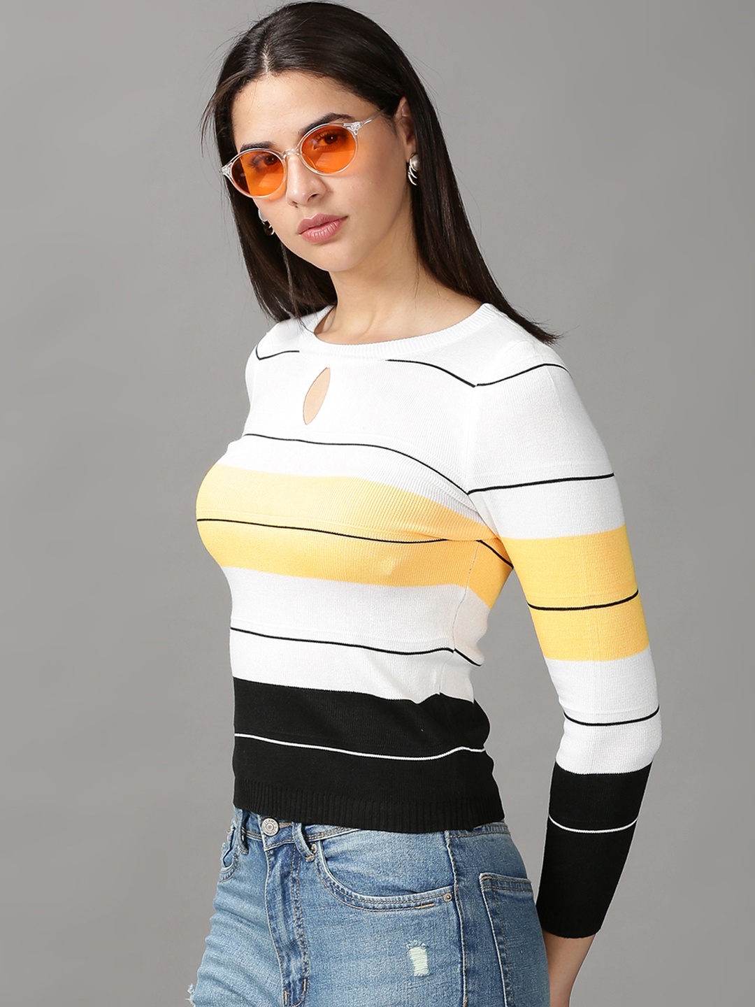 

SHOWOFF Women White & Yellow Striped Keyhole Neck Top