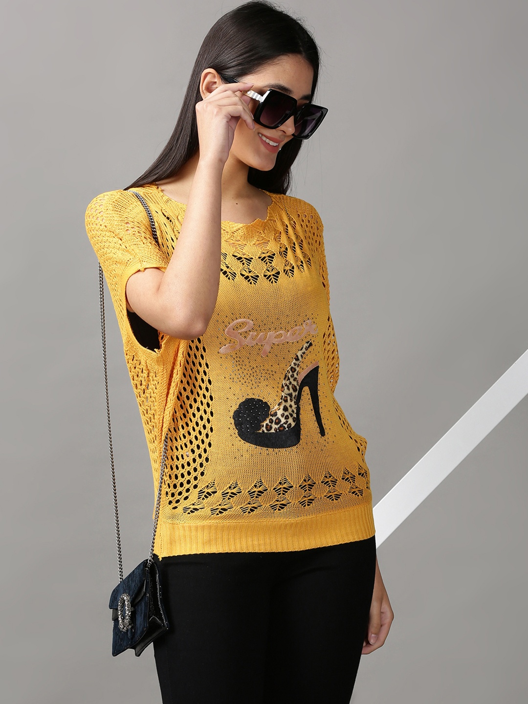 

SHOWOFF Women Mustard Yellow Embellished Print Extended Sleeves Sheer Lace Top