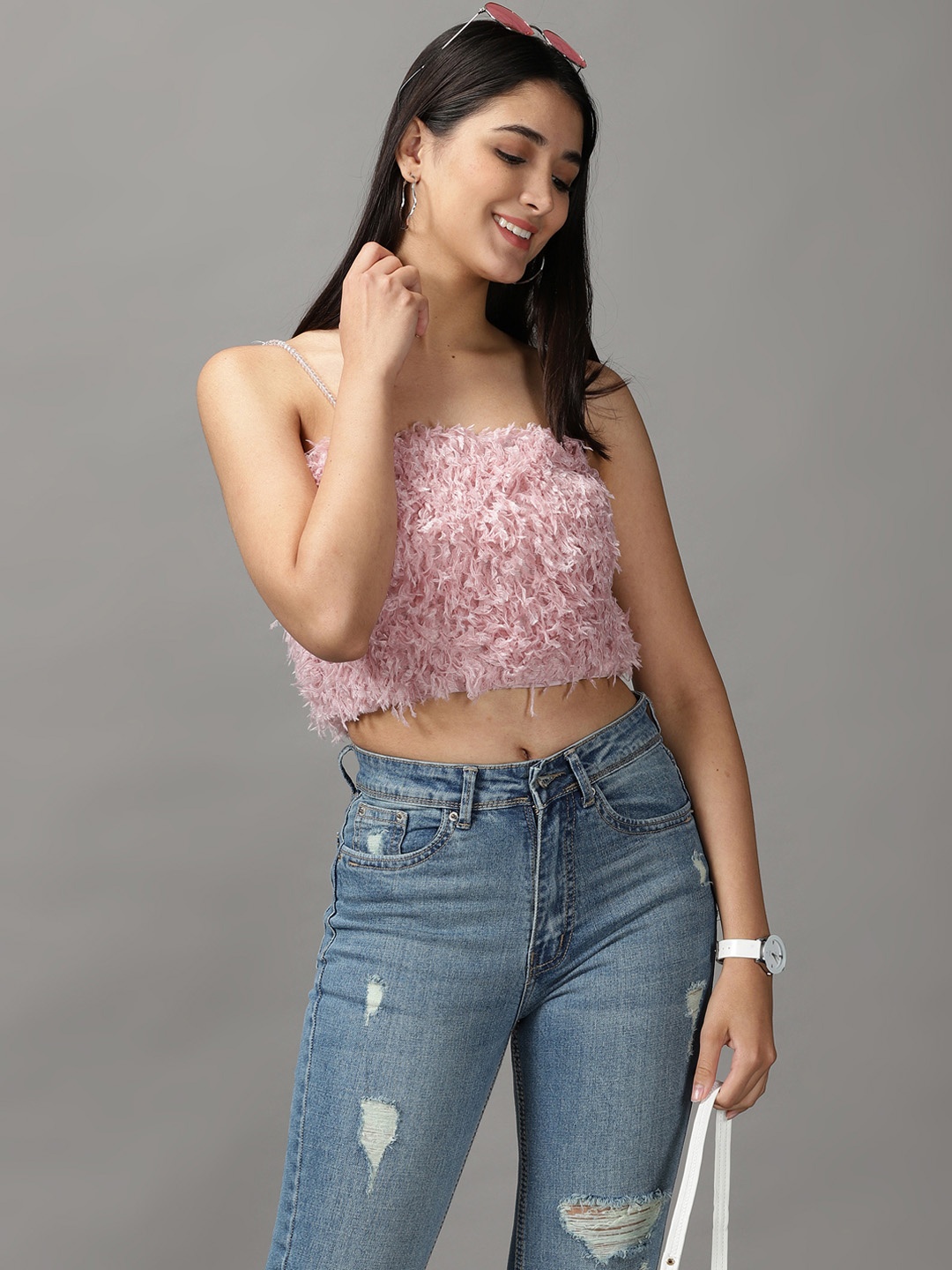 

SHOWOFF Pink Crop Shoulder Straps Top