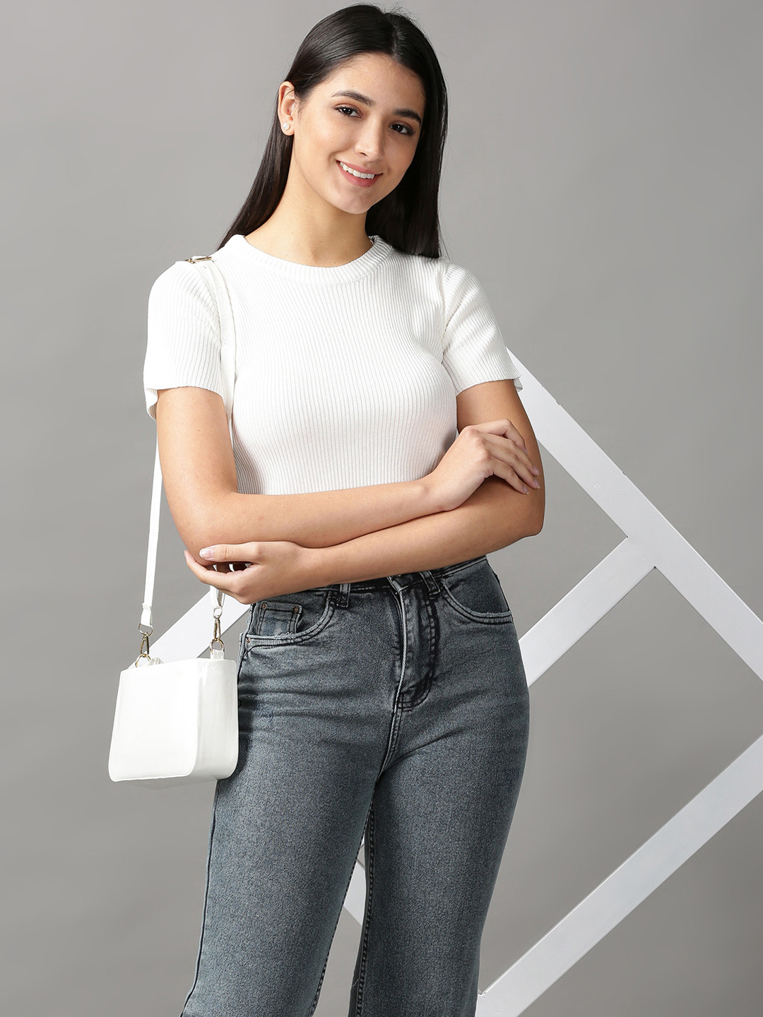 

SHOWOFF White Round Neck Crop Acrylic Top