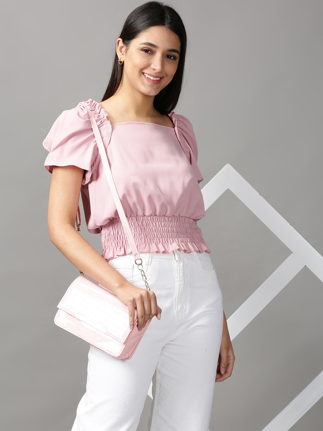 

SHOWOFF Women Pink Studded Blouson Crop Top