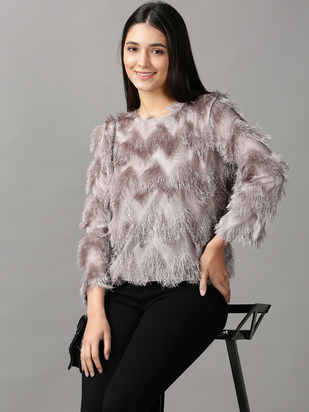 

SHOWOFF Women Grey Tie and Dye Lace Top