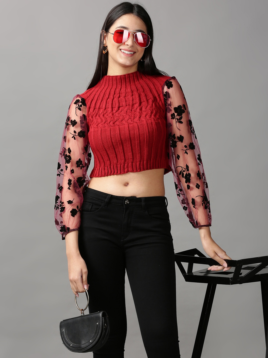 

SHOWOFF Women Maroon & Black Self Design Acrylic Crop Top