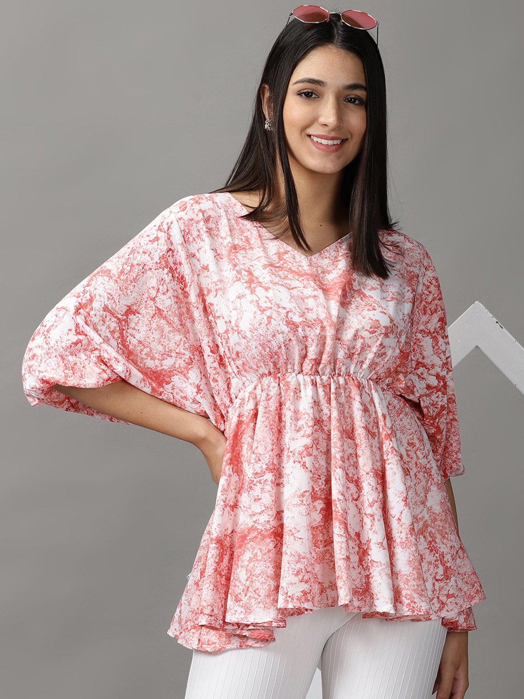 

SHOWOFF Women Orange Floral Print Extended Sleeves Crepe Empire Top