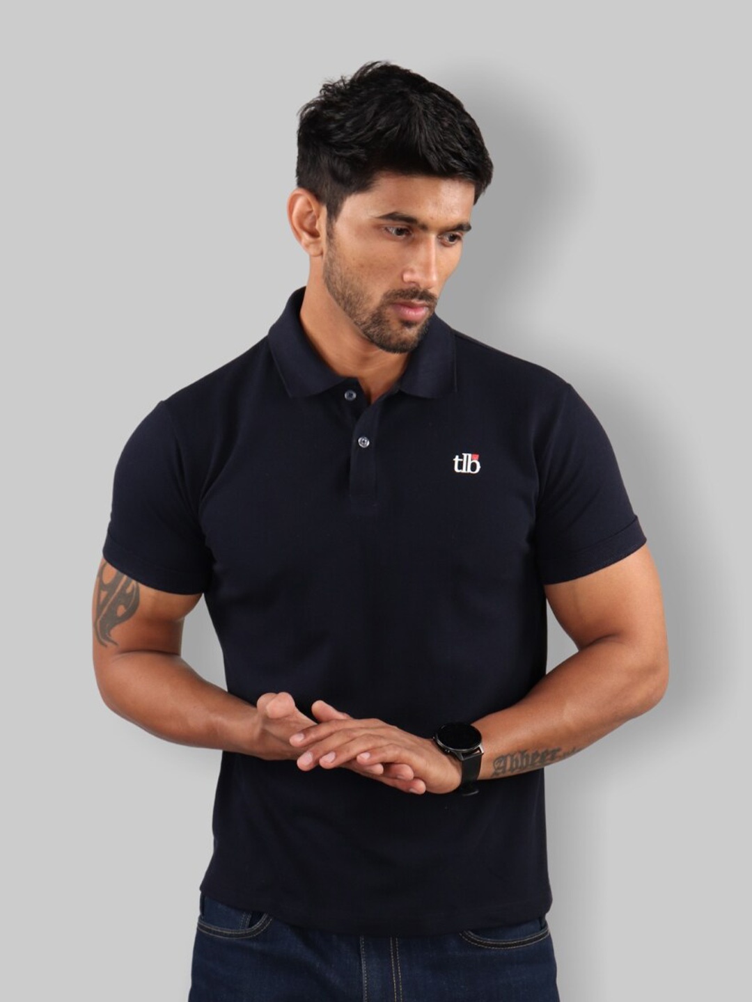

The Label Bar Men Navy Blue Polo Collar T-shirt