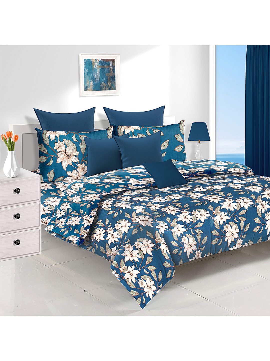 

Athome by Nilkamal Blue Utopia Florid Double Bedsheet with 2 Pillow Covers