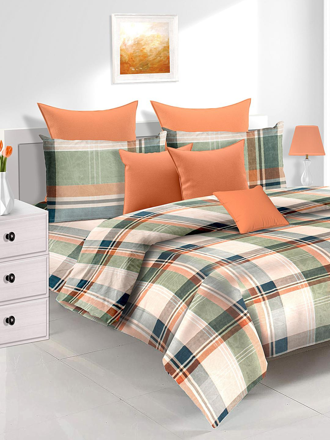 

Athome by Nilkamal Beige Utopia Check Double Bedsheet with 2 Pillow Covers
