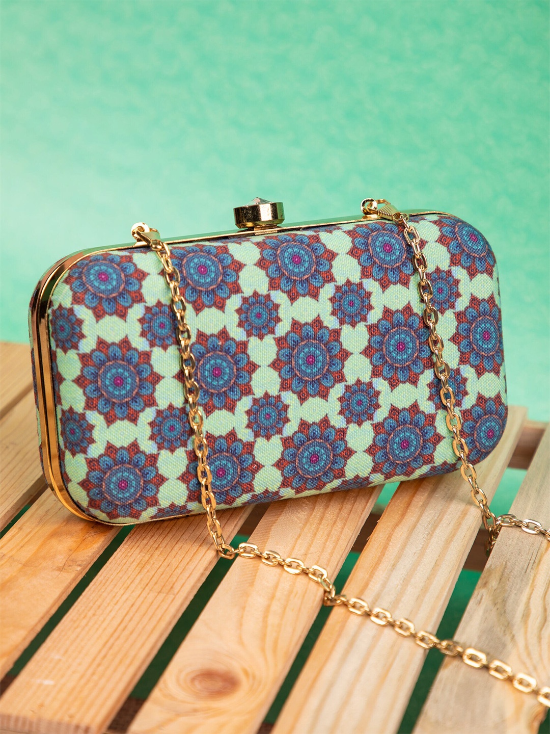 

DEEBACO Blue & Red Printed Floral Box Clutch