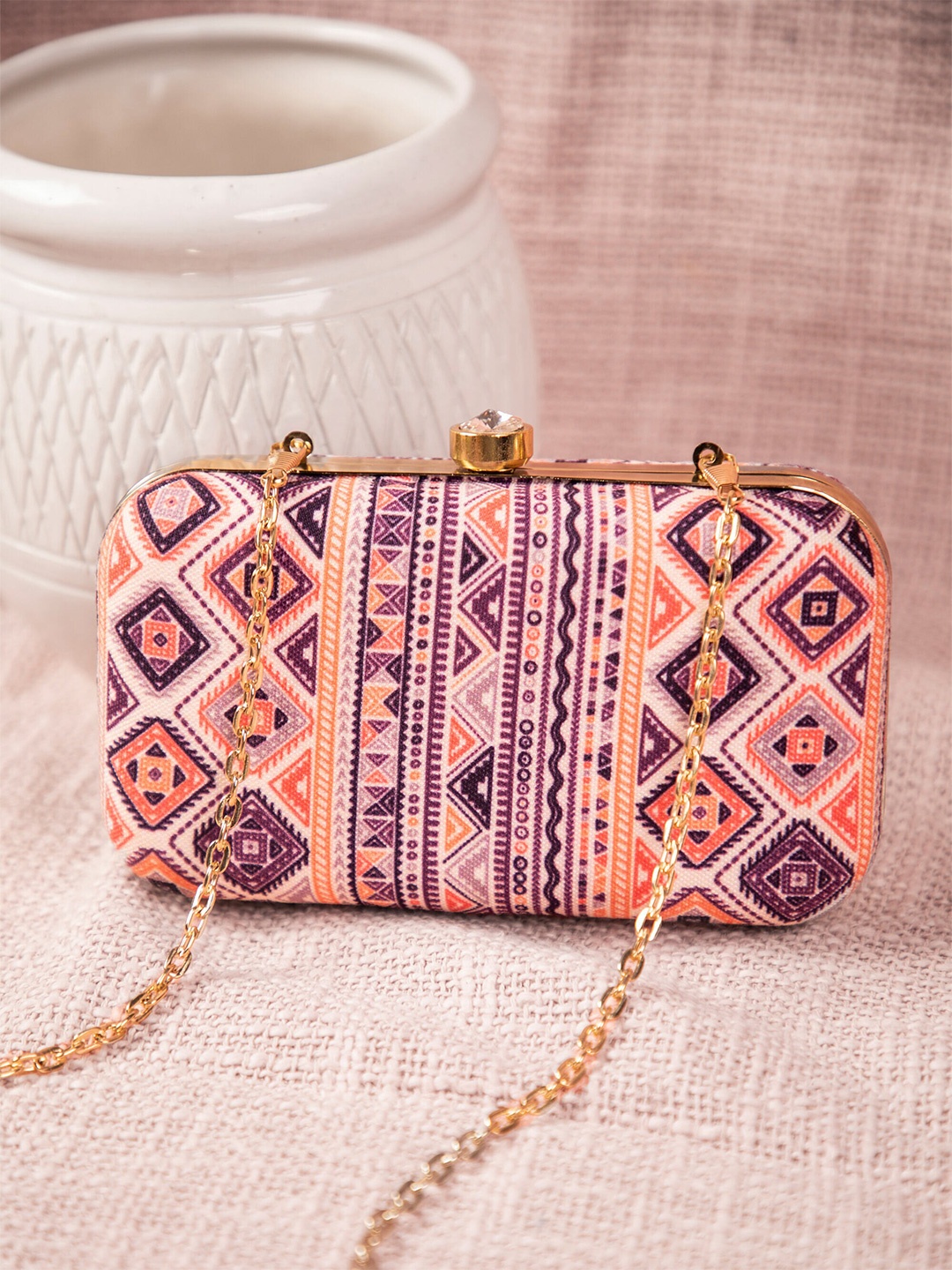 

DEEBACO Purple & Orange Printed Box Clutch