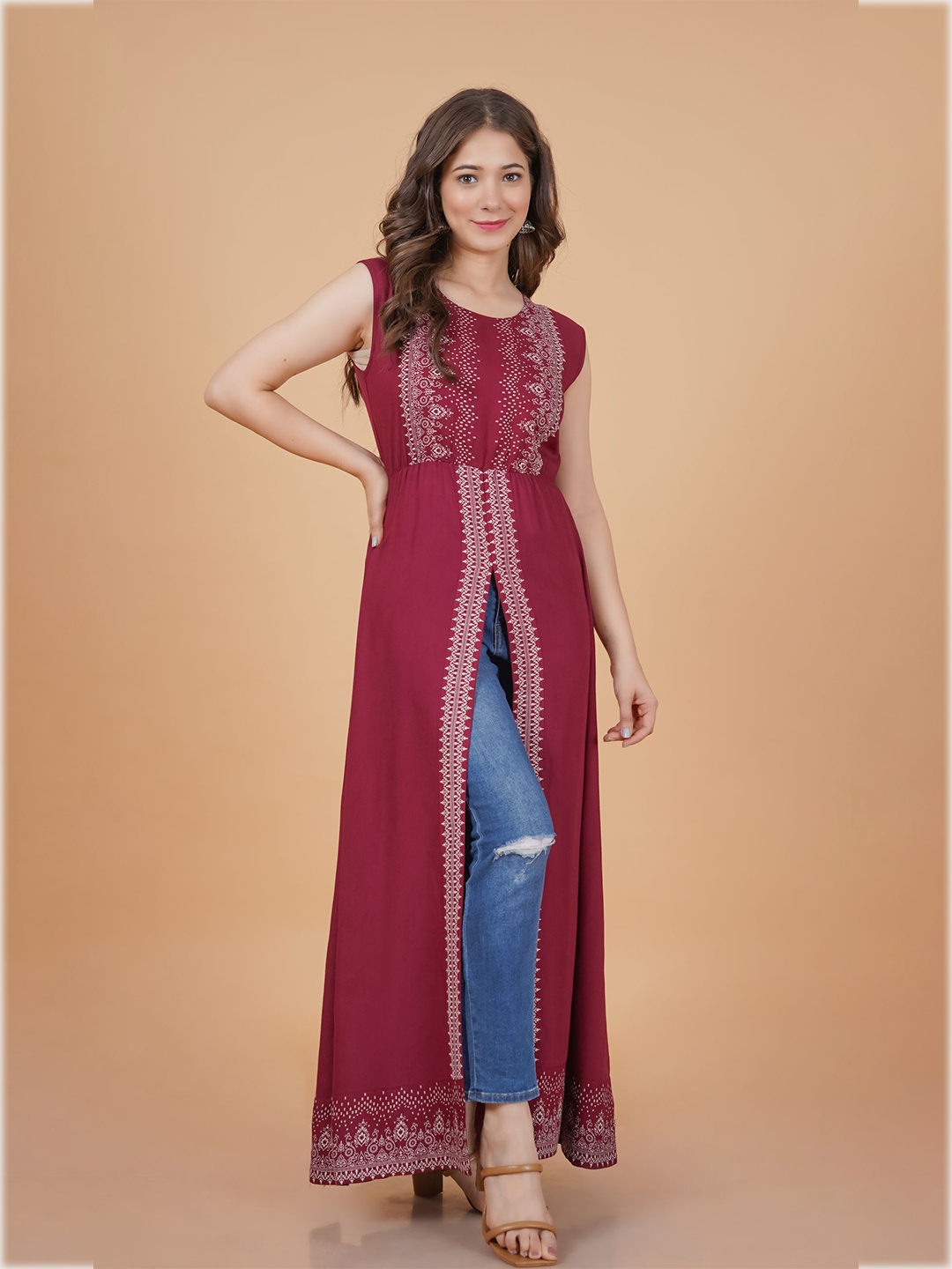 

PURSHOTTAM WALA Women Maroon Ethnic Motifs Printed Kurta