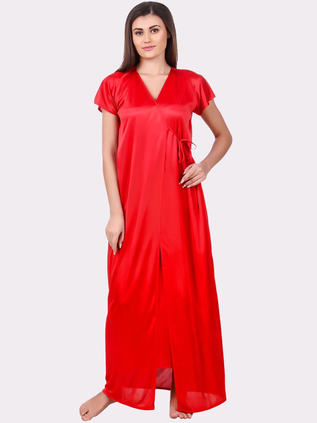 

Fasense Women Red Solid Maxi-Length Nightdress Robe