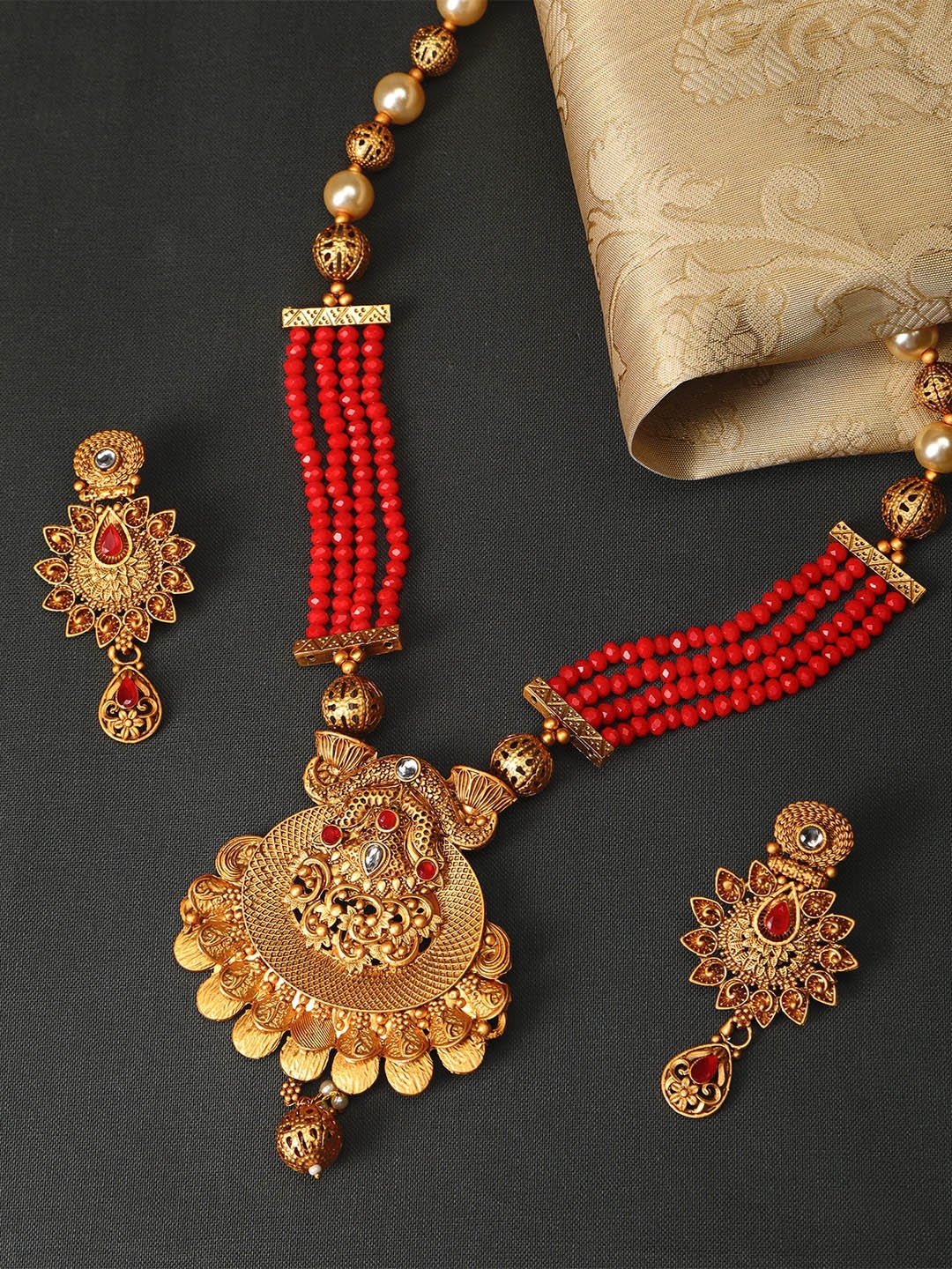 

ZINU Gold-Plated Red Artificial Stone Studded Jewellery Set