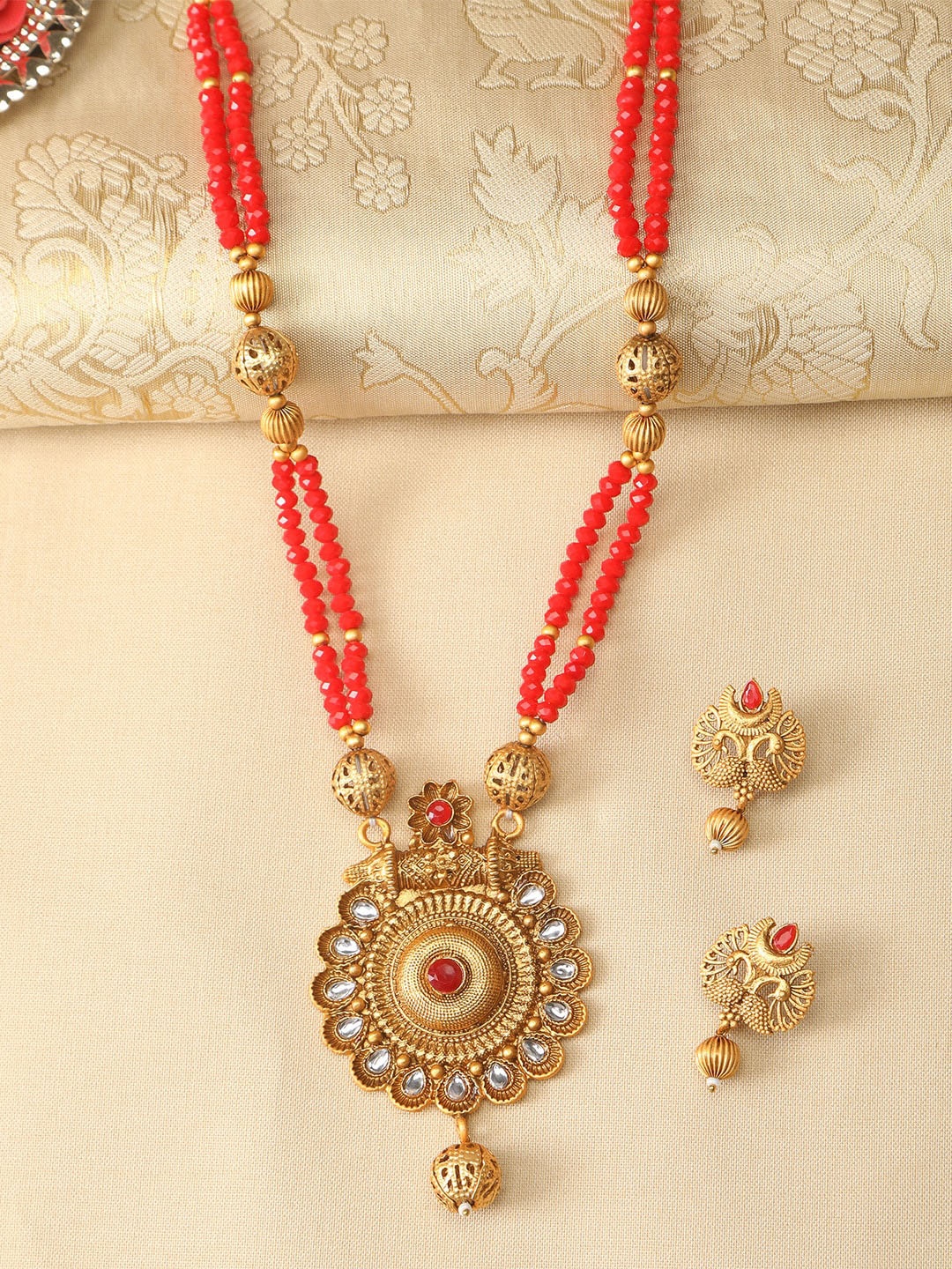 

ZINU Gold-Plated Red Stone-Studded & Beaded Jewellery Set