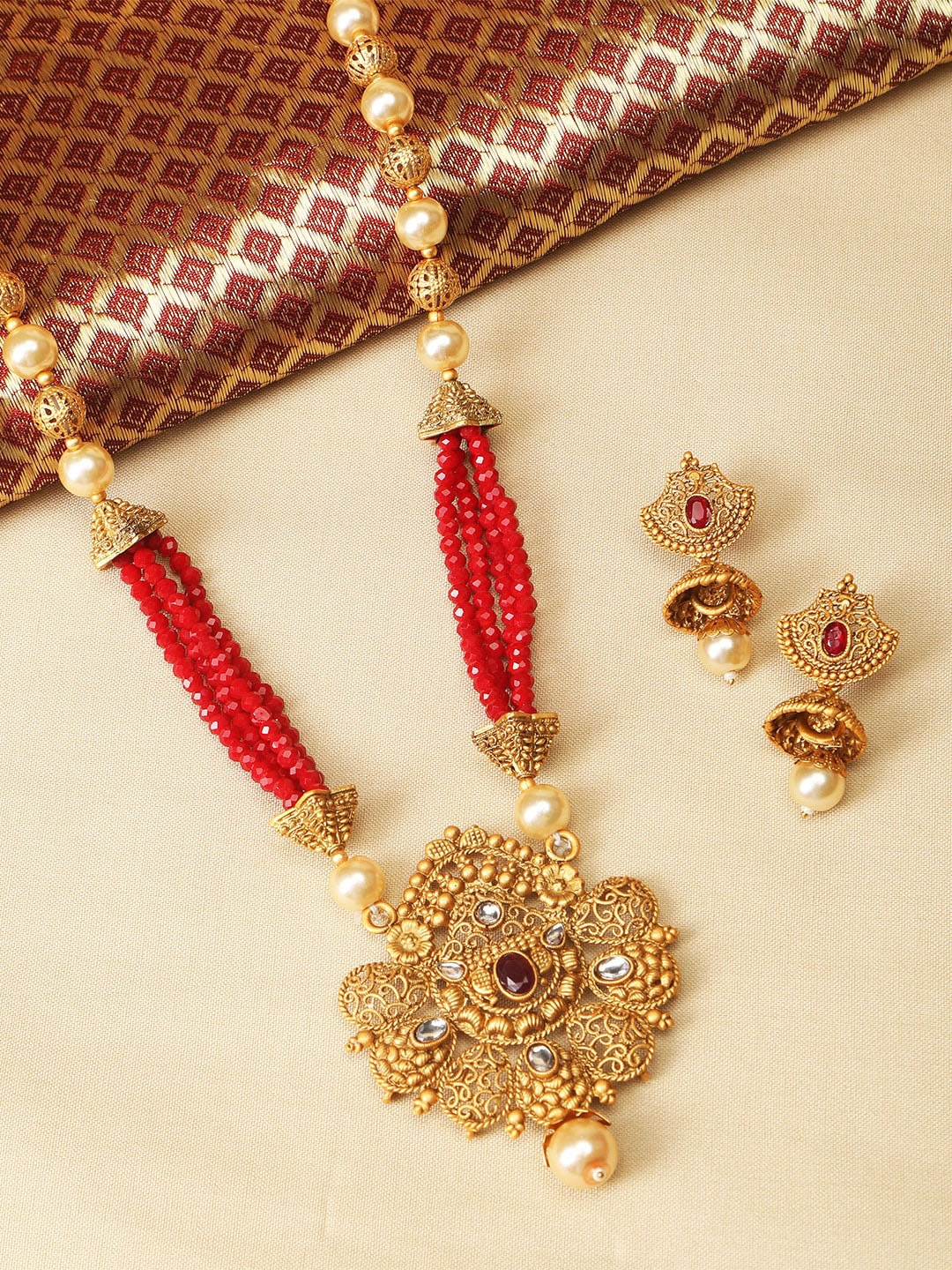 

ZINU Gold-Plated White & Red Stone-Studded Beaded Jewellery Set