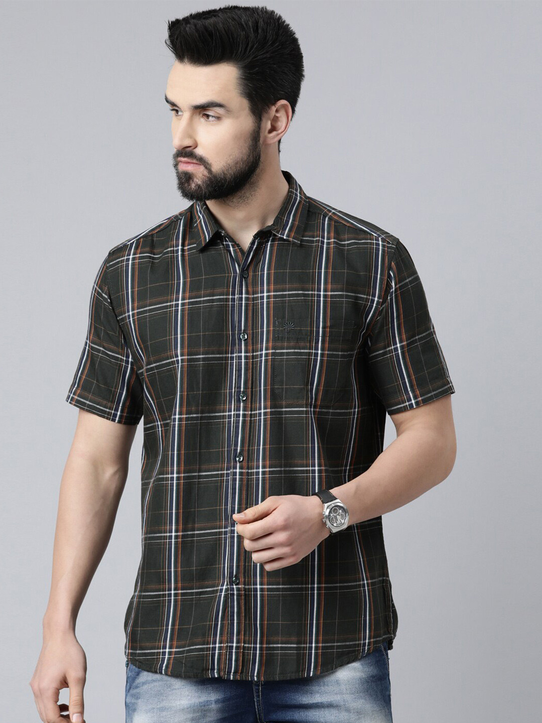

Chennis Men Grey Slim Fit Tartan Checked Casual Shirt