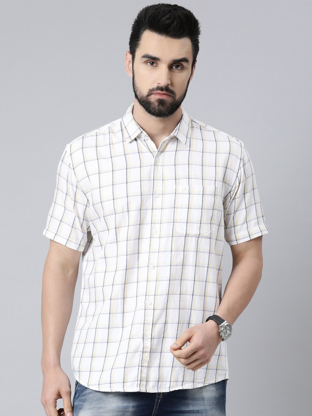 

Chennis Men White Slim Fit Windowpane Checked Casual Shirt