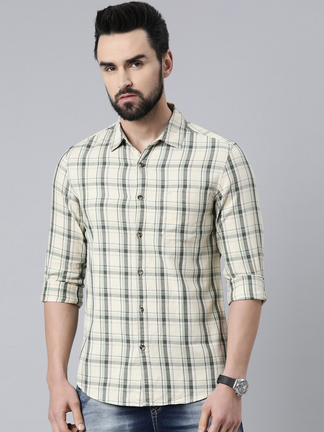 

Chennis Men Cream-Coloured Slim Fit Tartan Checked Casual Shirt