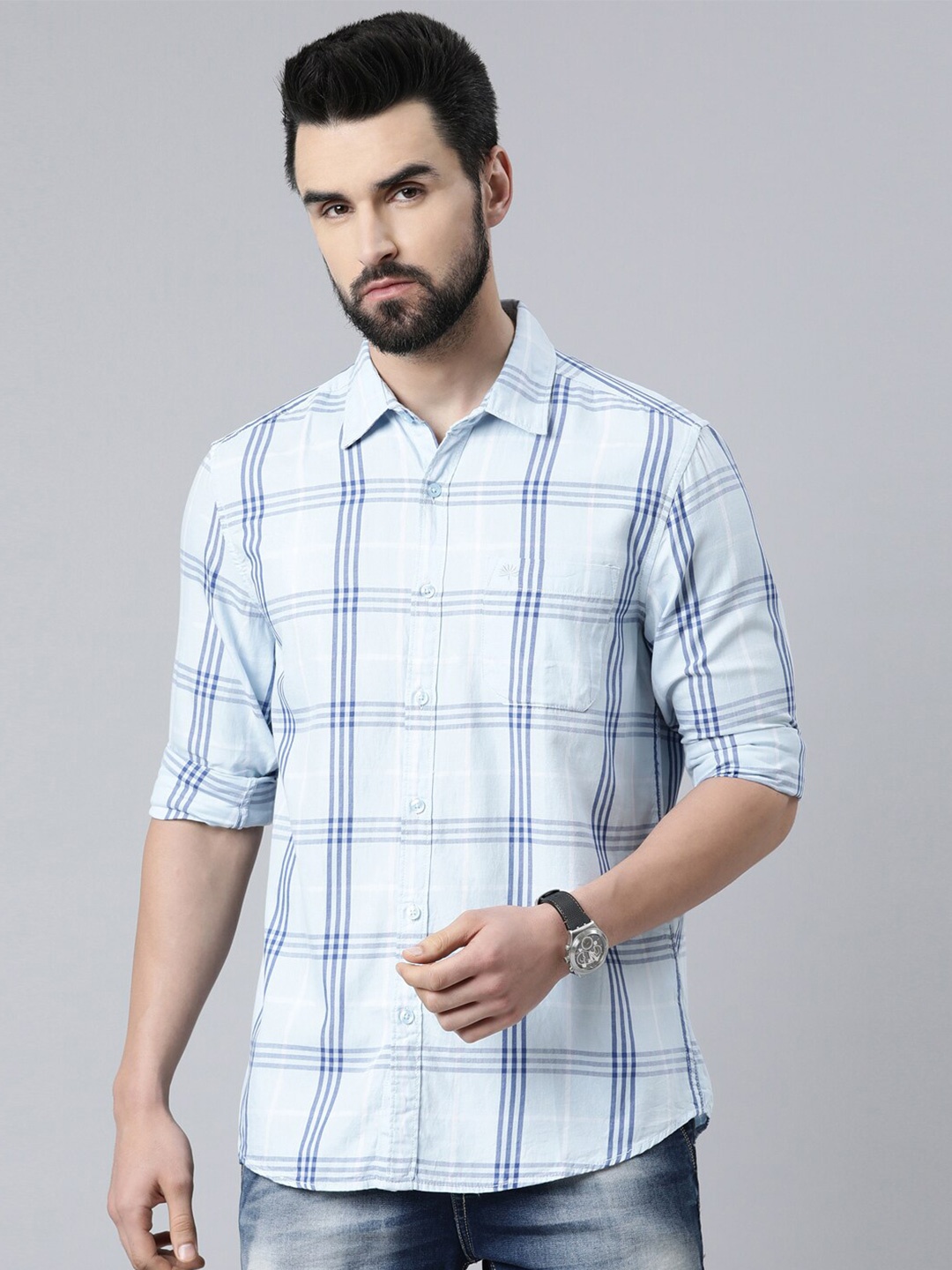 

Chennis Men Slim Fit Tartan Checked Casual Shirt, Blue