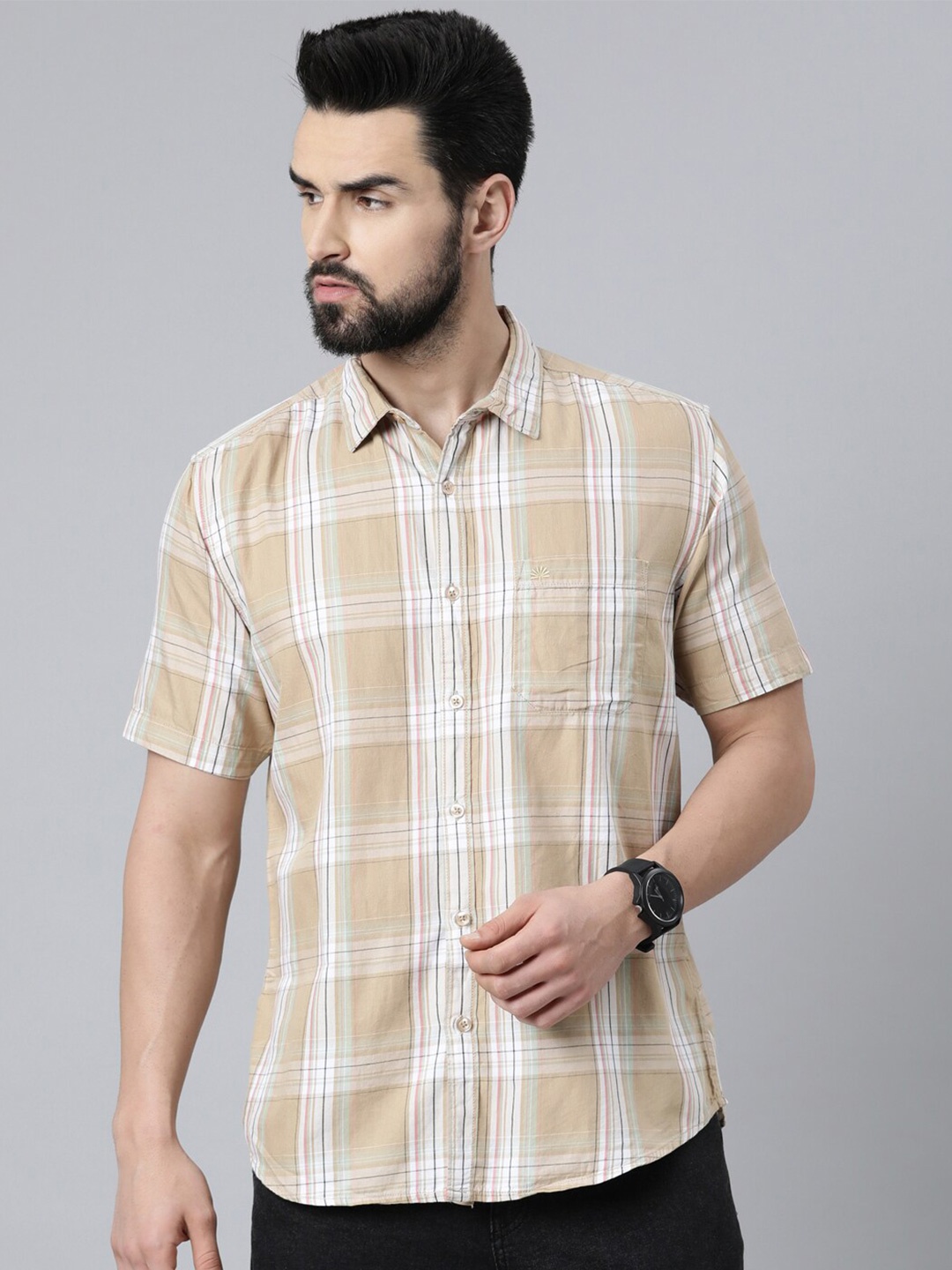 

Chennis Men Beige Slim Fit Tartan Checked Casual Shirt