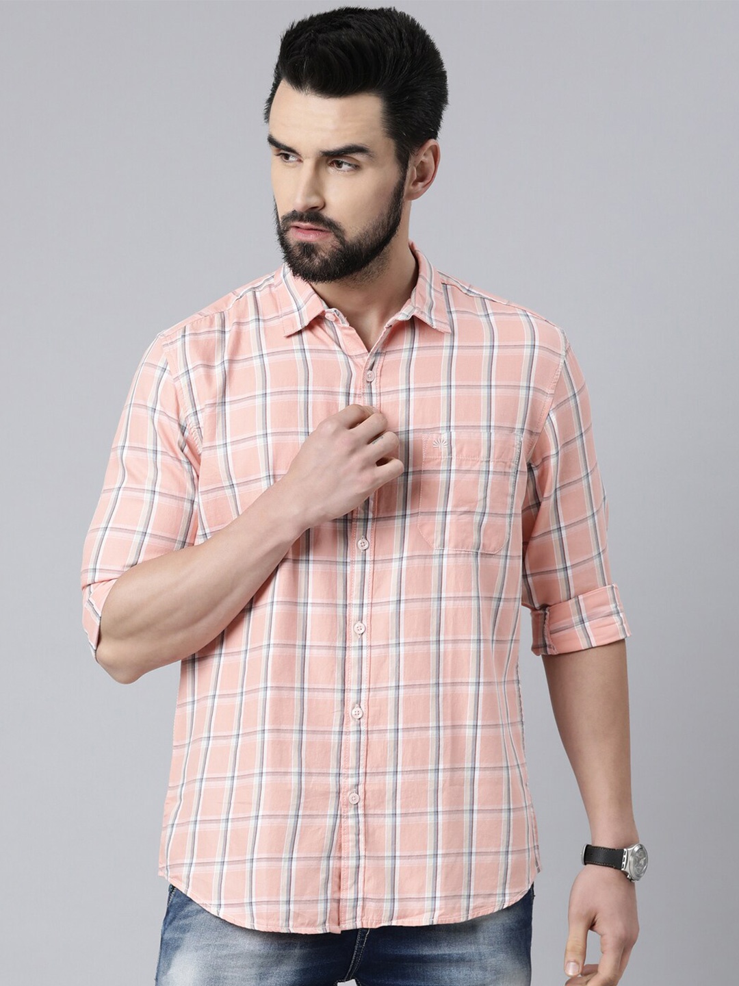 

Chennis Men Pink Slim Fit Tartan Checked Cotton Casual Shirt