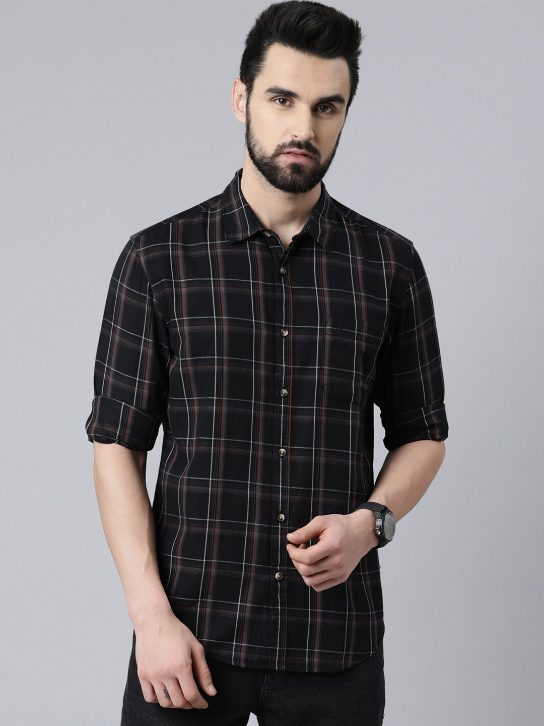 

Chennis Men Black Slim Fit Tartan Checked Cotton Casual Shirt