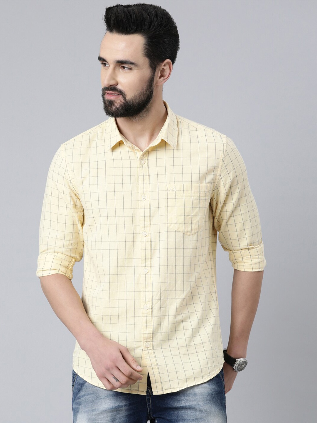 

Chennis Men Yellow Slim Fit Grid Tattersall Checked Cotton Casual Shirt